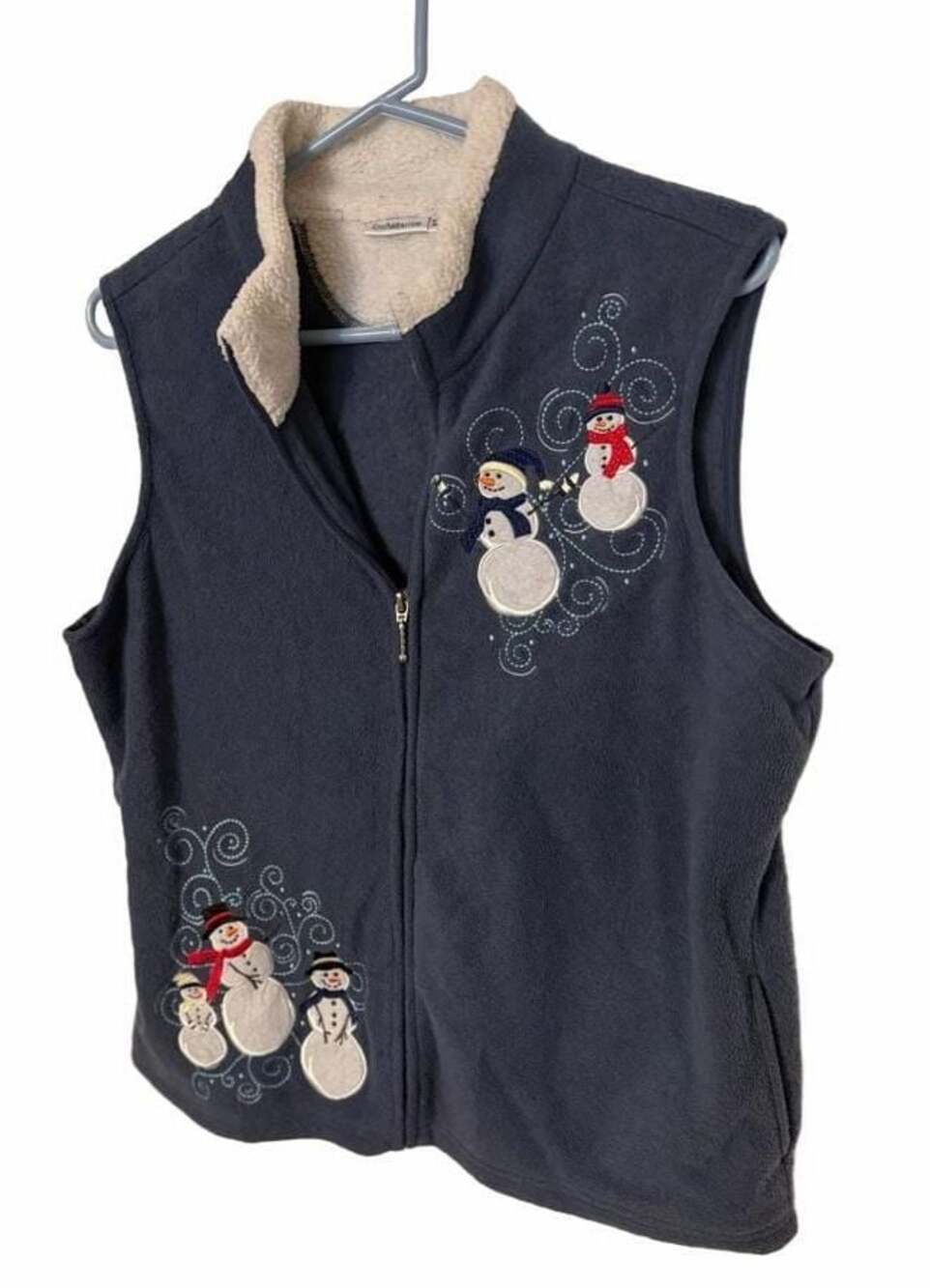 Croft & Barrow Blue Fleece Snowman Vest Sherpa Lined Collar Christmas Vintage